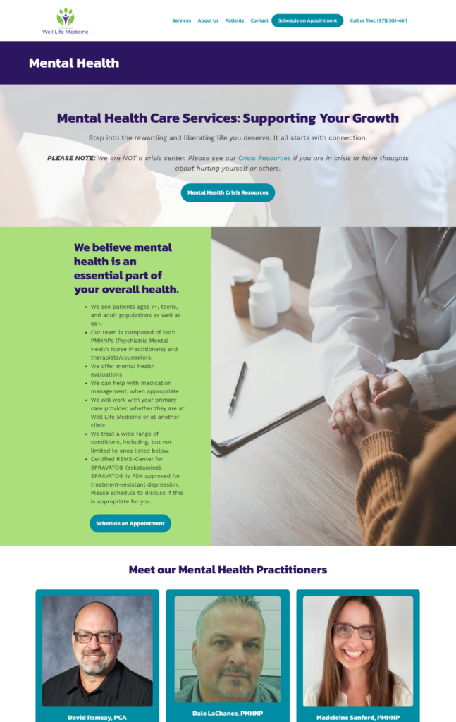 web design screenshot of Mental Health page on the Well Life Medicine website